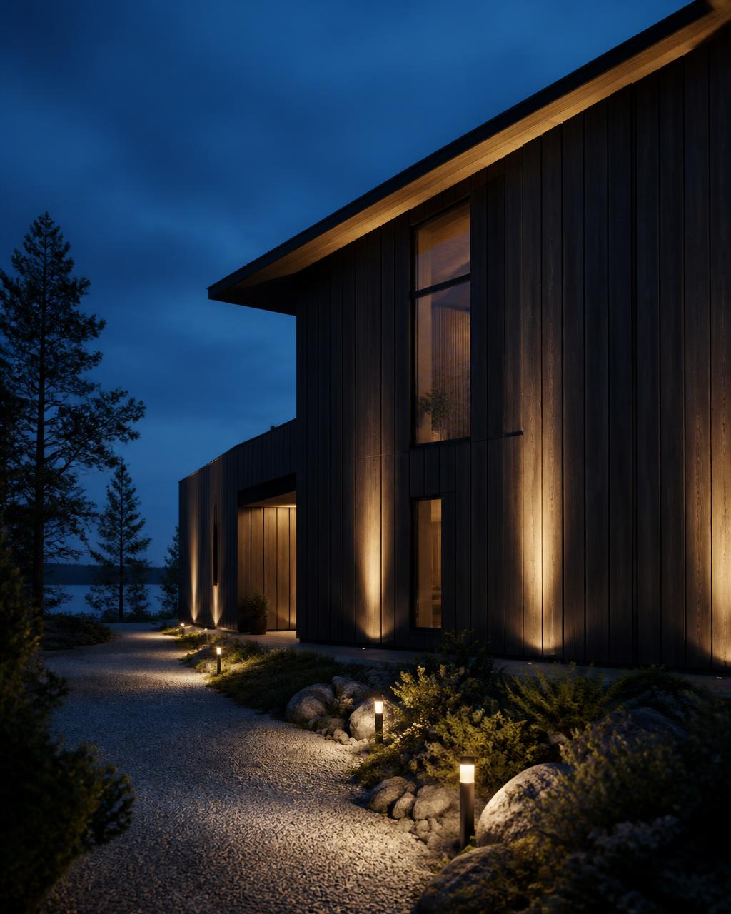 Arkitektonisk fasadbelysning i skymningen på modern träfasad