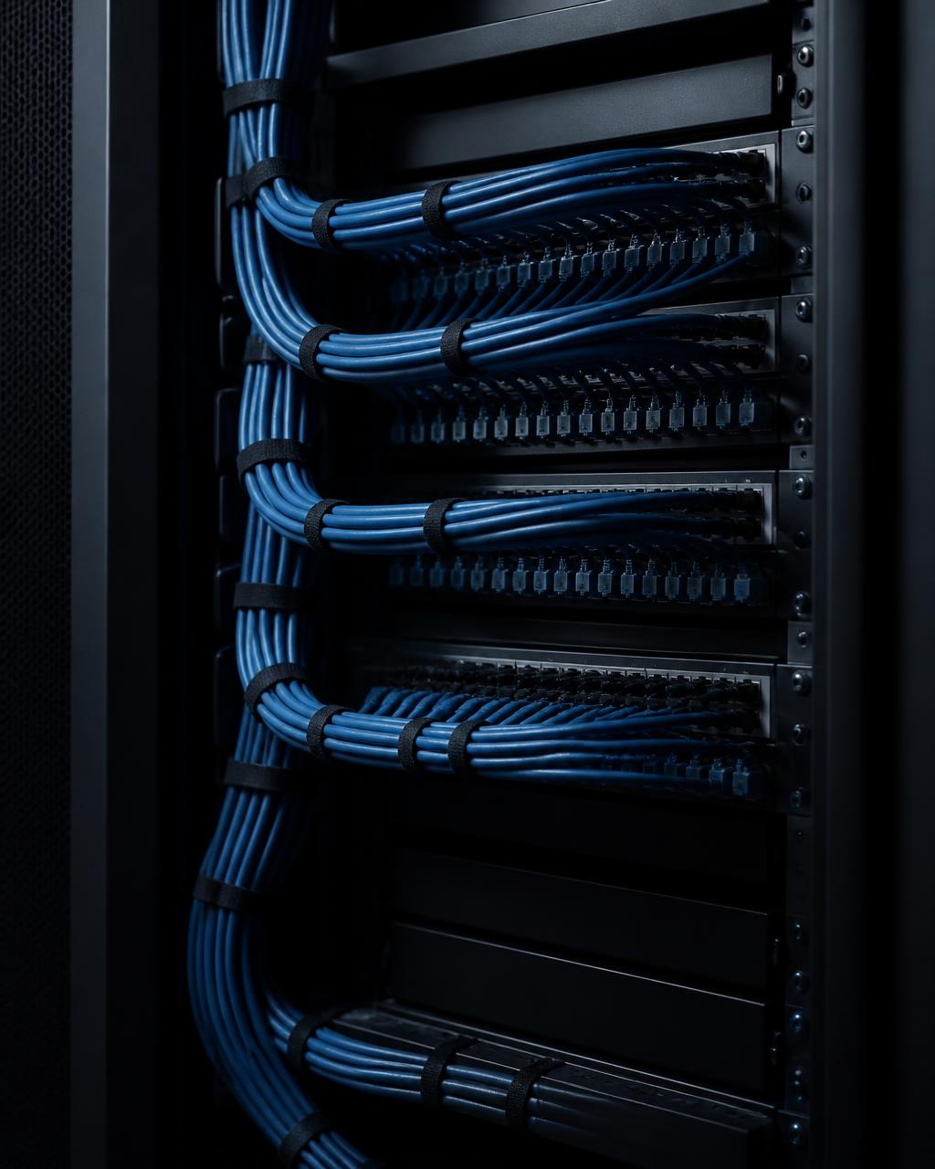 Noggrant organiserad patchpanel med exakt kabeldragning i blått